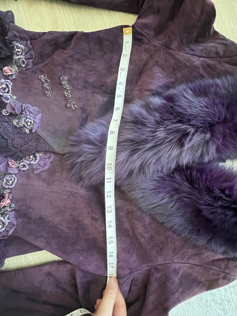 Vintage Pink Mary Purple Suede Fox Fur Collar Jacket Embellished Peplum Coat M - Picture 11 of 15